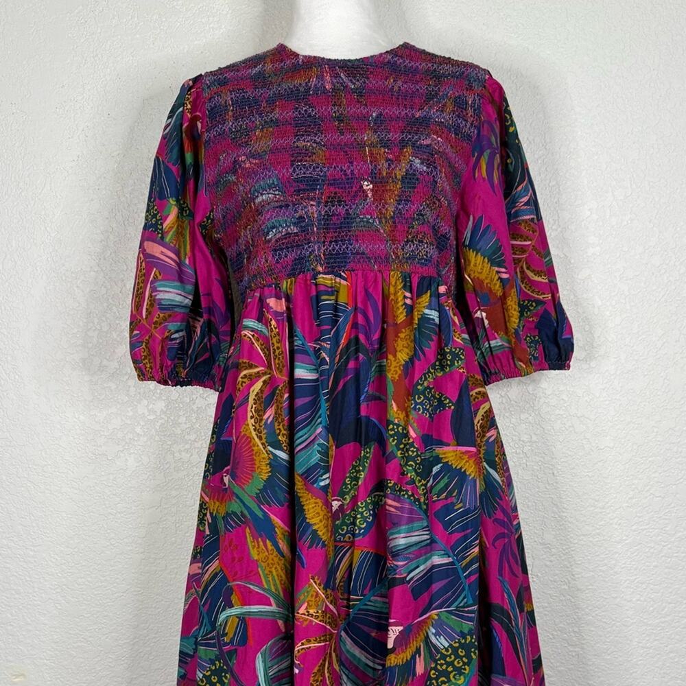 NWT FARM Rio Rainbow Macaws Smocked Puff Sleeve Midi Dress Tropical Resortwear - Picture 2 of 11